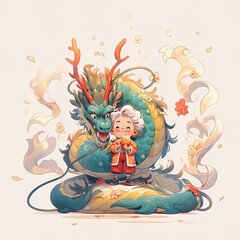 Cartoon illustration of a very cheerful and cute 2year boy with a kindness dragon,  Illustration: Year of the Dragon