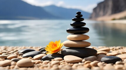 Obraz na płótnie Canvas Stack of zen stones and flower on the beach, closeup