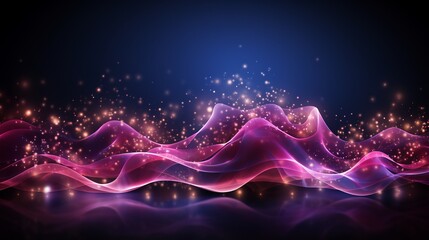 Pink and blue neon waves on abstract background with bokeh lights for data transfer concept.