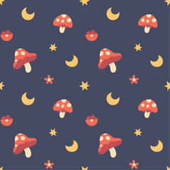 Autumn cute seamless pattern with mushrooms and botanical elements.