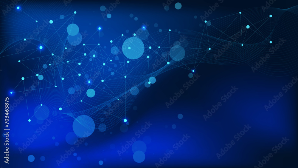 Poster abstract connecting dots and lines with wave lines on dark blue background. network connection, digi