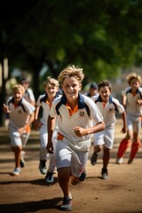 Boys in sportswear run forward. Children play sports. The United children's sports team is ready to play. Children's team sport. Youth sports for children.
