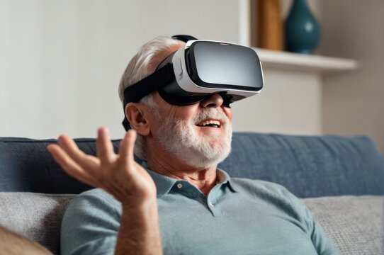 senior man wearing virtual reality goggles or vr headset. experiencing 3D gadget technology. relax in the living room happily on the soft sofa a new experience