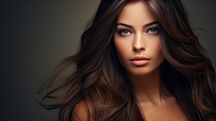Fototapeta premium Beautiful female face with powerful silky hair and chic hairstyle. Perfect image of a beautiful brunette woman. Feminine image of natural beauty. Illustration for beauty and fashion magazine.