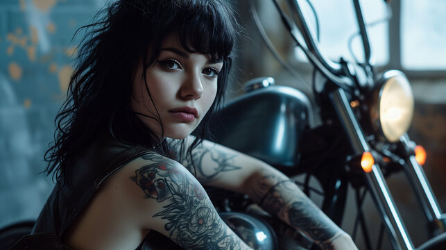 portrait of a woman with tattoos and a motorcycle, black hair