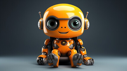 Bright orange robotic mascot with renovation instrument
