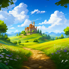 Spring castle on the mountain in green plain with blue sky