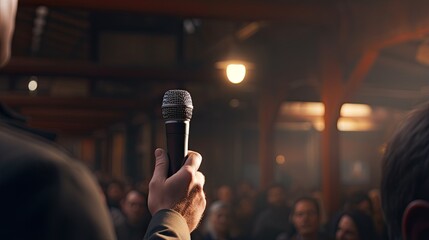A hand holding a microphone in front of a full auditorium. The concept of public speaking....