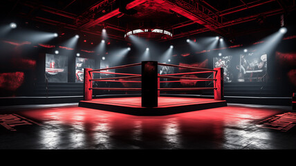 The Ring of Intensity Striking of a Sports Arena, with a Red Glow Illuminating the Podium Boxing Wrestling Ring and Spotlights