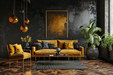 Gold Frame In Dark Modern Living Room Mockup With.