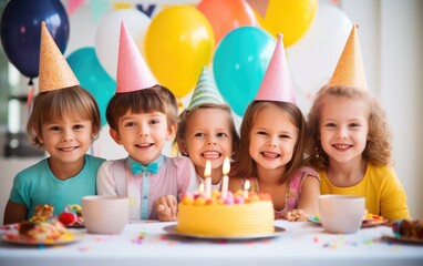 Group of happy children celebrating birthday party