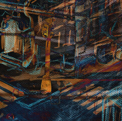 Avant-garde Abstract city landscape. Steampunk color expression painting for disturbing background