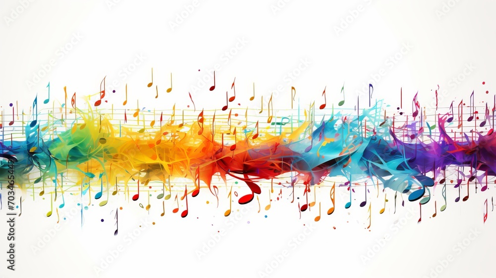 Poster colorful musical abstract background with flying neural network notes on white backdrop