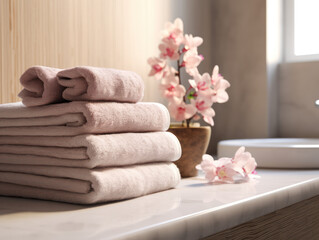 Obraz na płótnie Canvas Hotel towels stacked in hotel bathroom, hotel towel facilities
