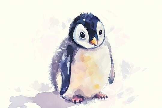 Simple watercolor sketch minimalist flat style of cute cartoon baby penguins, a print for nursery room, duotone with pastel colors and a white background