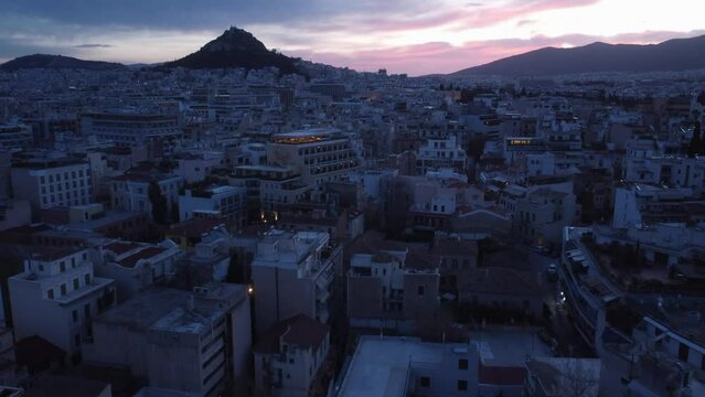 Cinematic Aerial Historical Center of Athens Blue Hour Early in the Morning 4k

