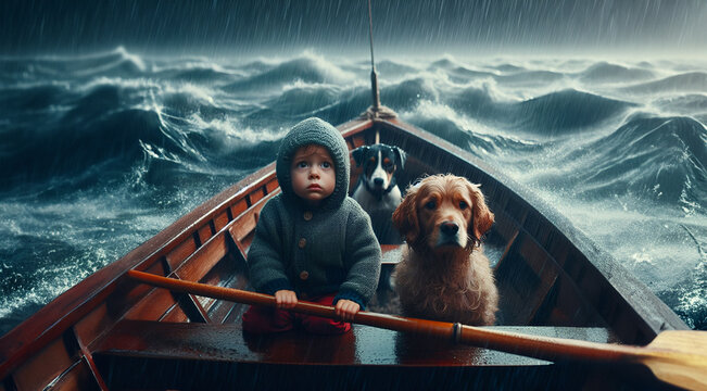 Young boy or toddler and dogs look worried or concerned in a small rowboat rocking in the ocean in the middle of giant waves during a thunderstorm