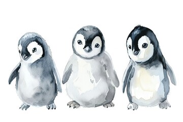 Fototapeta premium Simple watercolor sketch minimalist flat style of cute cartoon baby penguins, a print for nursery room, duotone with pastel colors and a white background