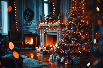 interior christmas. magic glowing tree, fireplace, gifts in dark at night