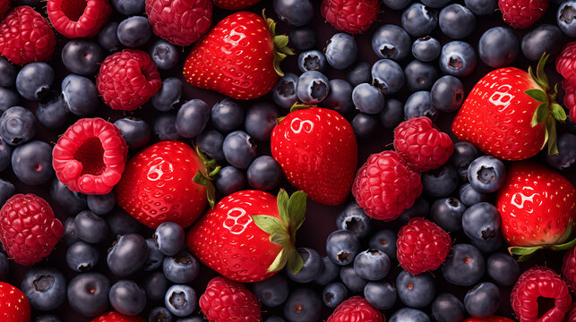 Close up and directly above photo of mixed fresh berries like a strawberries, blueberries and raspberries. Organic berries banner.
