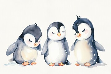 Fototapeta premium Simple watercolor sketch minimalist flat style of cute cartoon baby penguins, a print for nursery room, duotone with pastel colors and a white background