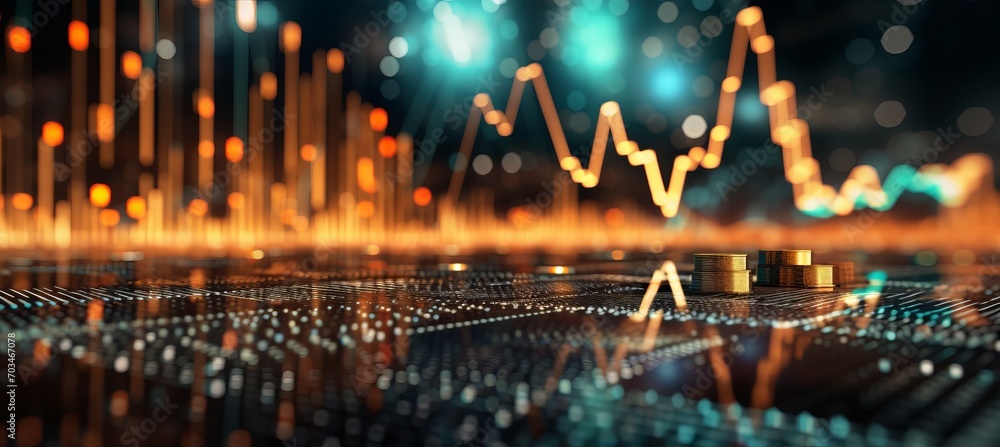 Poster blurred bokeh effect with blockchain and cryptocurrency symbols in finance inspired design