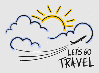 airplane flying over clouds, children's illustration in black lines with colorful outline, text let's travel
