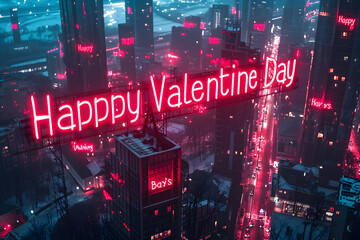 A dynamic background with neon lights forming the words "Happy Valentine's Day" against a cityscape