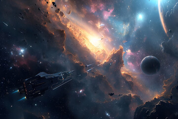 visuals of spaceships traveling between galaxies with stunning cosmic backdrops