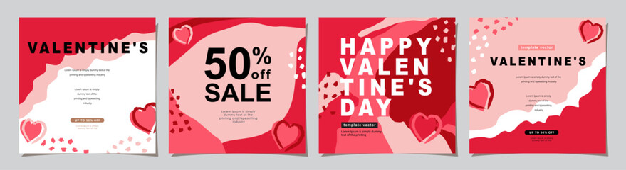 Happy Valentines Day square banner for social media posts, mobile apps, banners, digital marketing, sales promotion and website ads. Vector backgrounds, geometric style with hearts pattern. - obrazy, fototapety, plakaty