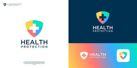 Colorful medical protection logo. Combine shield and cross symbol - obrazy, fototapety, plakaty