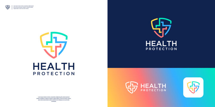 Colorful shield protection with line art logo design inspiration