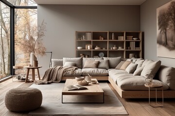 Living room designed with the principles of Scandinavian minimalism, characterized by functional simplicity