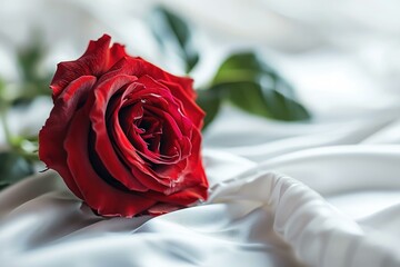Elegant Red Rose on White Silk Fabric, Romantic Concept