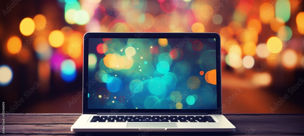 Poster vibrant abstract blurred bokeh background with a sleek and modern laptop resting on a desk