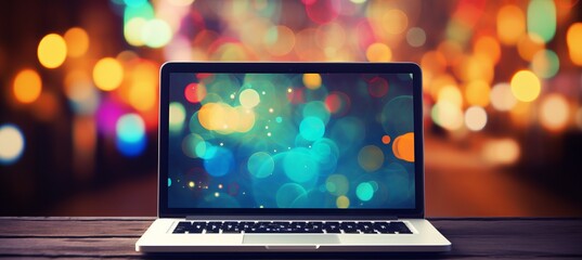 Vibrant abstract blurred bokeh background with a sleek and modern laptop resting on a desk