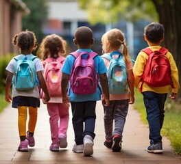 Obraz premium Five Young Kids Walking to School With Friends Wearing Backpacks