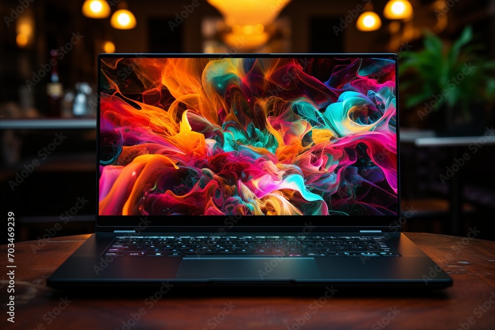 Poster sleek and modern laptop on desk with vibrant bokeh background and abstract shapes and colors