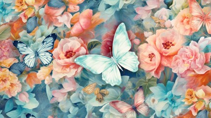 Flowers and Butterflies Pattern - obrazy, fototapety, plakaty