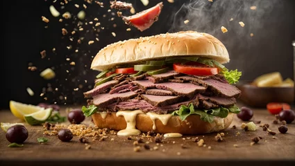 Tuinposter a roast beef sandwich falling into the air © Famahobi