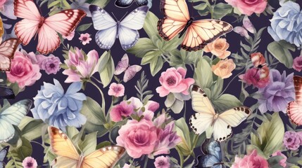 Flowers and Butterflies Pattern - obrazy, fototapety, plakaty