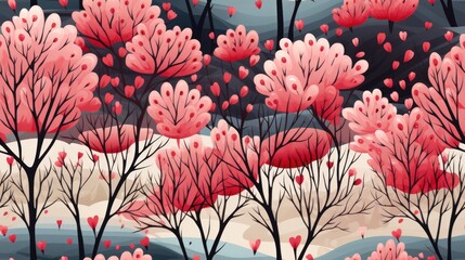 pattern with trees with pink flowers - obrazy, fototapety, plakaty