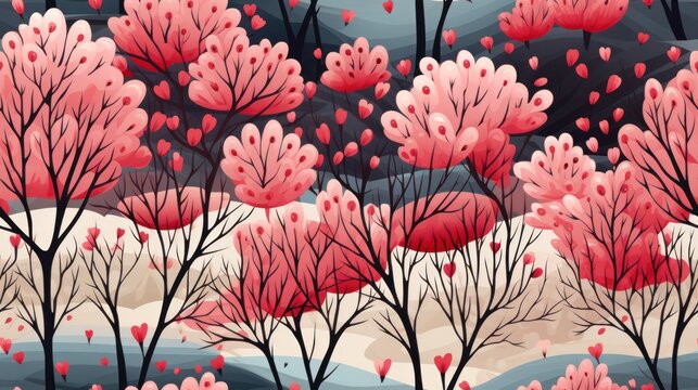 pattern with trees with pink flowers