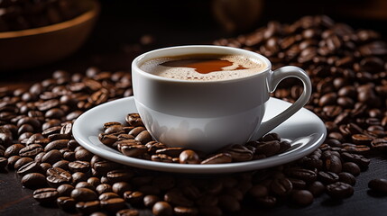 Mug on plate filled with coffee surrounded by coffee beans, cup of coffee, coffee bean background.