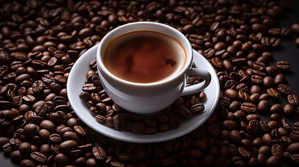 Fototapeta premium Mug on plate filled with coffee surrounded by coffee beans, cup of coffee, coffee bean background.