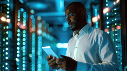 Focused IT professional using a laptop while standing in a server room with racks of network equipment illuminated by blue lights