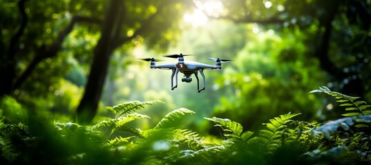 Aerial drone capturing breathtaking blurred bokeh effect of stunning lush green forest scenery