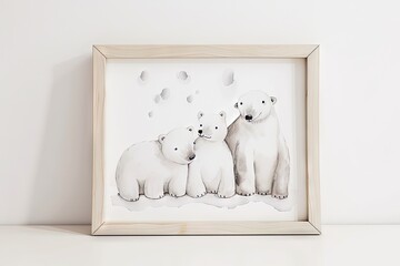 Picture frame with a simple watercolor sketch minimalist flat style of cute cartoon baby animals, a print, decoration inspiration for nursery room, duotone with pastel colors and a white background