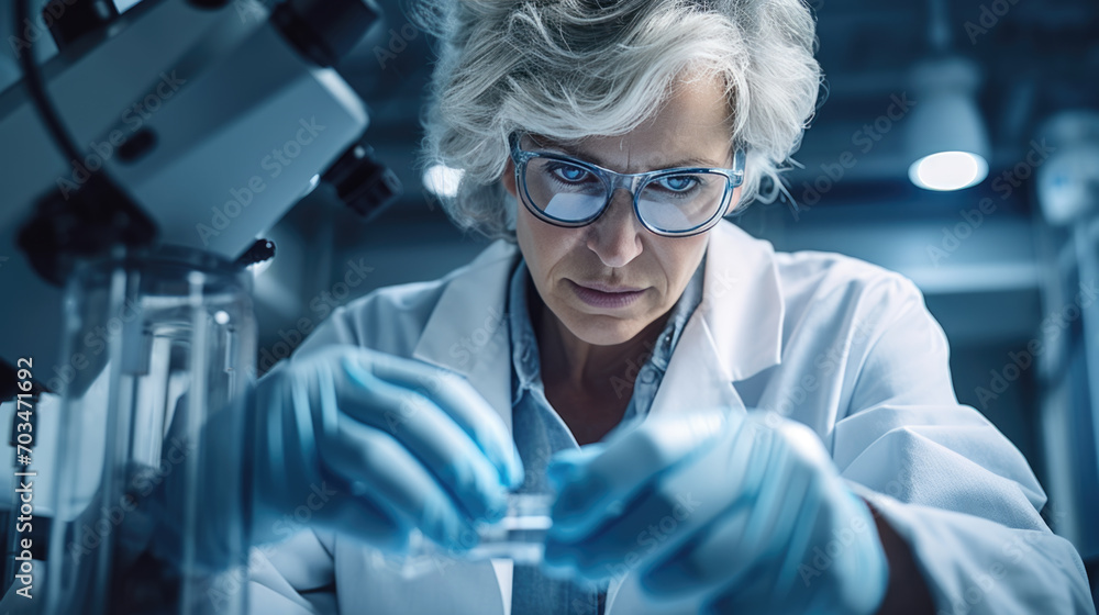 Aufkleber focused scientist using a pipette in a laboratory setting with a microscope and test tubes visible, 