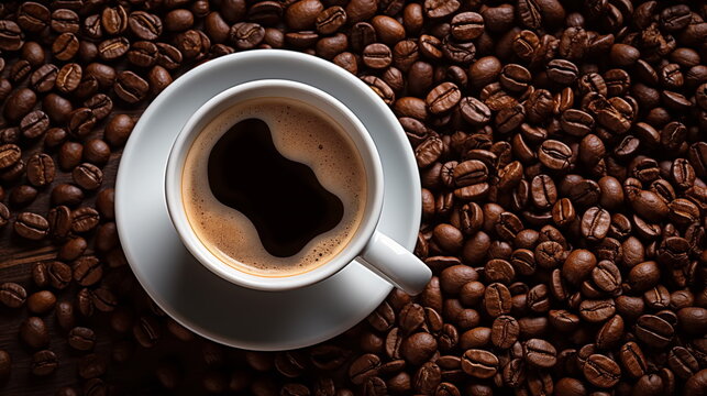 Mug on plate filled with coffee surrounded by coffee beans, cup of coffee, coffee bean background.